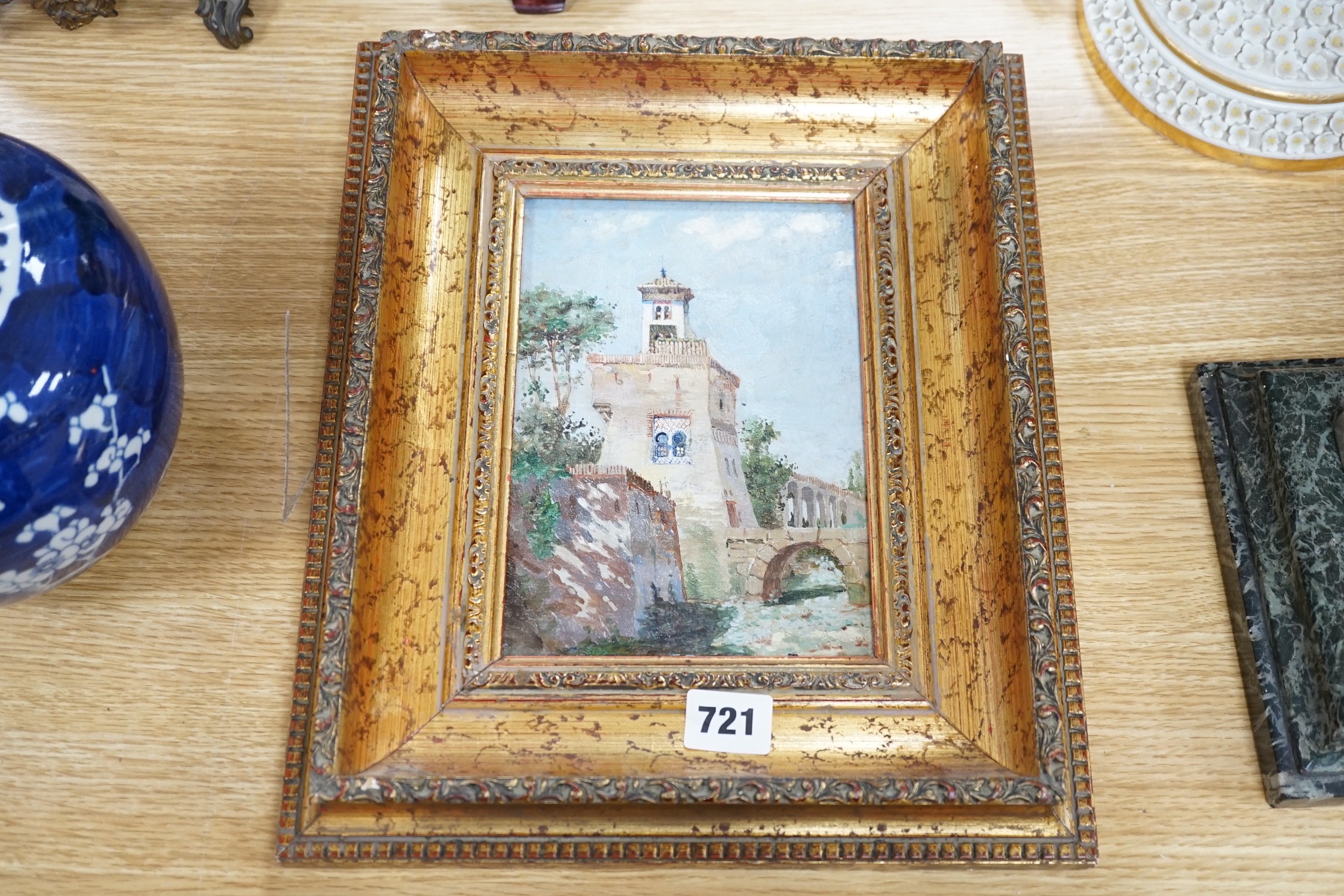 Italian School c.1900, oil on wooden panel, Tower and stone bridge, 20 x 14cm